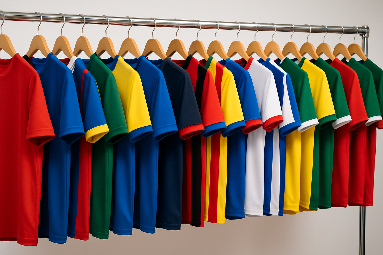 football shirts hung up on a rail